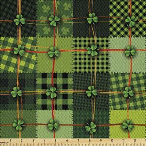 ambesonne irish fabric by the yard, patchwork style st. patrick's day themed celtic quilt cultural checkered clovers, decorative satin fabric for home textiles and crafts, 1 yards, green orange
