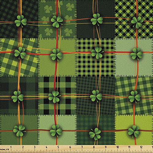 Ambesonne Irish Fabric by The Yard, Patchwork Style St. Patrick's Day Themed Celtic Quilt Cultural Checkered Clovers, Decorative Satin Fabric for Home Textiles and Crafts, 1 Yards, Green Orange