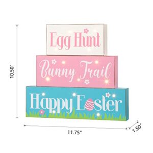 Glitzhome LED Lighted Wooden/Metal Block with Sayings Egg Hunt, Trail, Happy Easter Bunny Holiday Decorations Signs, Multi-Color