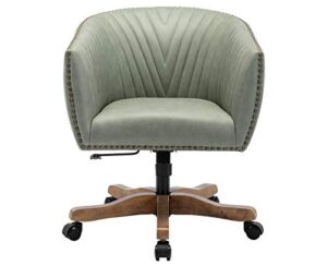 guyou barrel home office desk chair with wood base, upholstered ergonomic accent arm chair with luxurious nailheads and pleated mid-back for home studio bedroom vanity, green in faux leather
