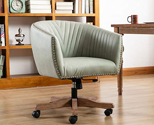 Guyou Barrel Home Office Desk Chair with Wood Base, Upholstered Ergonomic Accent Arm Chair with Luxurious Nailheads and Pleated Mid-Back for Home Studio Bedroom Vanity, Green in Faux Leather