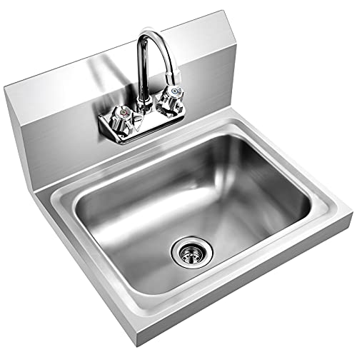 Giantex Stainless Steel Hand Washing Sink, Commercial Sink with Faucet, Strainer, Back Splash, Commercial Wall Mount Hand Basin for Restraunt, Bar, Store, 17" x 15"