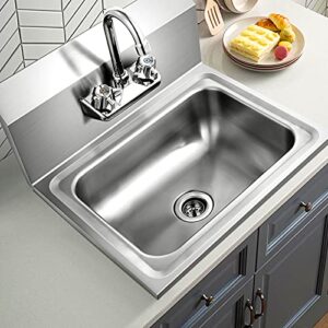 Giantex Stainless Steel Hand Washing Sink, Commercial Sink with Faucet, Strainer, Back Splash, Commercial Wall Mount Hand Basin for Restraunt, Bar, Store, 17" x 15"