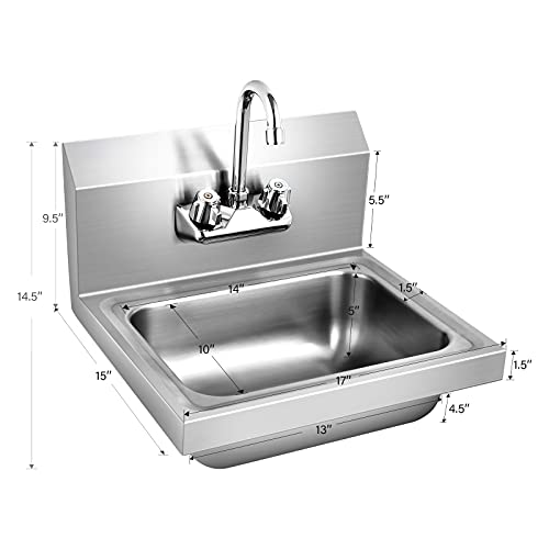 Giantex Stainless Steel Hand Washing Sink, Commercial Sink with Faucet, Strainer, Back Splash, Commercial Wall Mount Hand Basin for Restraunt, Bar, Store, 17" x 15"