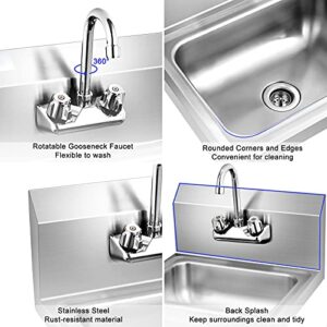 Giantex Stainless Steel Hand Washing Sink, Commercial Sink with Faucet, Strainer, Back Splash, Commercial Wall Mount Hand Basin for Restraunt, Bar, Store, 17" x 15"