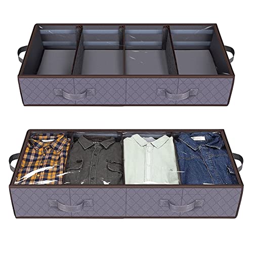 Anyoneer Under Bed Storage containers - Set of 2 - Sturdy Structure - Adjustable Dividers - Large Storage Bag with Sturdy Zipper - Reinforced Handle - 4 Clear Window for Clothing Shoes Blankets Comforters Clothes Sweaters Toys Gray