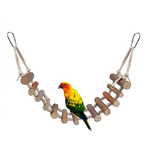 Wooden Bird Hanging Ladder, Parrot Natural Rope Wood Ladder with Rope Swing Bridge for Lovebirds Parakeets Parrots African Grey Cockatiel Pet Training Toys