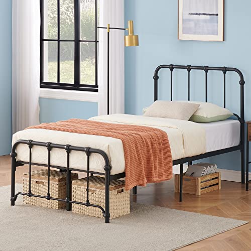 IDEALHOUSE Metal Bed Frame Twin Size, 12 inch Platform Bed with Vintage Headboard and Footboard Sturdy Premium Steel Slat Support