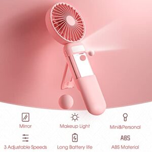 Mini Handheld Fan, Portable Fan Battery Operated, Small Personal Fan USB Rechargeable, 3 Speed Adjustable Hand Fan with Mirror & LED Fill Light, Makeup Eyelash Fan for Women Girls Travel Office