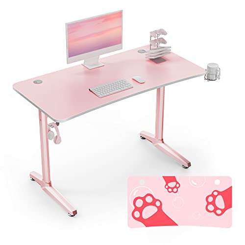 EUREKA ERGONOMIC 47 Inch Pink Computer Gaming Desk,Curved Edge Home Office Gaming Table Study Writing Desk W Full Mouse Pad Cup Holder Headphone Hook Controller Stand Gift for Girls