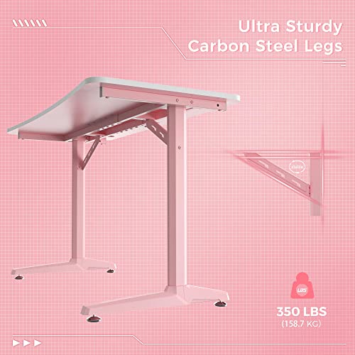 EUREKA ERGONOMIC 47 Inch Pink Computer Gaming Desk,Curved Edge Home Office Gaming Table Study Writing Desk W Full Mouse Pad Cup Holder Headphone Hook Controller Stand Gift for Girls