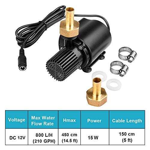 DC 12V 15W Submersible Water Pump with Brass Male Thread Nozzles, Brushless Fountain Circulation Mini Clear Water Pump, 210 GPH, 14½ ft High Lift for Aquarium, Fish Tank Pumping, Rockery