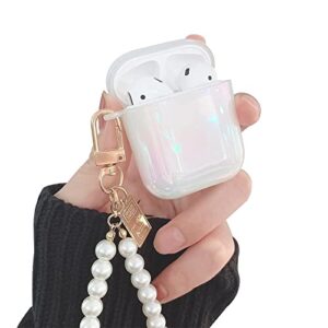 ownest compatible for airpods case with pearl keychain bling rainbow glitter cute girls boys woman case hard pc cover case for airpods 2 &1,cute for airpods-white