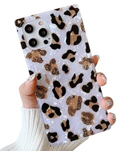 kerzzil luxury sparkle leopard pattern compatible with iphone 12 pro max square case, slim golden glitter translucent soft tpu silicone protective bumper cases cover(white)