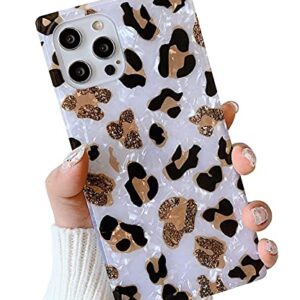 KERZZIL Luxury Sparkle Leopard Pattern Compatible with iPhone 12 Pro Max Square Case, Slim Golden Glitter Translucent Soft TPU Silicone Protective Bumper Cases Cover(White)