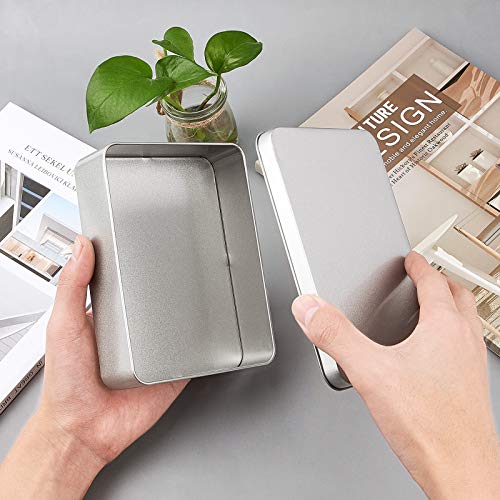 OLYCRAFT 5PCS 6x4x1.6 Inch Silver Metal Empty Tins Rectangle Airtight Metal Storage Tin Home Organizer with Lids for Small Items Storage Christmas Decorations