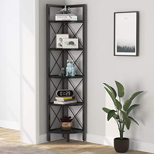 TRIBESIGNS WAY TO ORIGIN Corner Shelves, 5 Tier Corner Bookshelf and Bookcase, Modern Corner Storage Rack Indoor Plant Stand for Living Room, Small Space (Black)