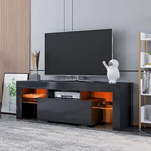 dmaith black modern led tv stand for 50 55 60 inch tv, high gloss gaming entertainment center with large storage drawers, tv media center with display glass shelves for living room, bedroom