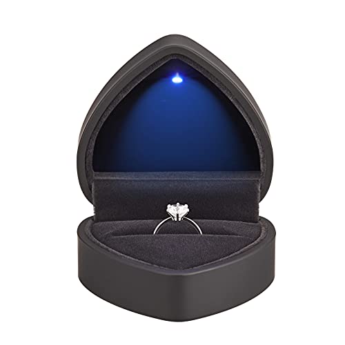 Heart Shaped Ring Gift Box with LED Light, Velvet Earrings Jewelry Case with Light, Jewellry Display Box for Wedding, Engagement, Proposal, Birthday and Anniversary (Black)