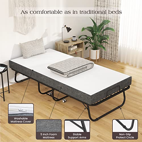Karcog Folding Bed with Mattress, Rollaway Bed Storage Cover Included, Portable Foldable Guest Bed for Adults, Cot Size Fold up Bed with Memory Foam Mattress and Metal Frame on Wheels - 75” x 31"