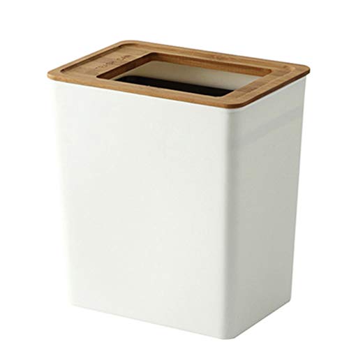 Slim Plastic Trash Can 7.5Liter Rectangular Wastebasket Garbage Container Bin with Open Bamboo lid for Bathroom Kitchen Home Office