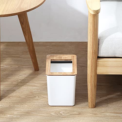 Slim Plastic Trash Can 7.5Liter Rectangular Wastebasket Garbage Container Bin with Open Bamboo lid for Bathroom Kitchen Home Office