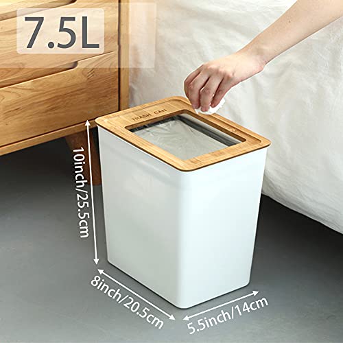 Slim Plastic Trash Can 7.5Liter Rectangular Wastebasket Garbage Container Bin with Open Bamboo lid for Bathroom Kitchen Home Office