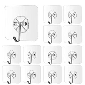 mugen room wall hooks 17lb(max) transparent reusable seamless hooks,waterproof and oilproof,bathroom kitchen heavy duty self adhesive hooks,12 pack