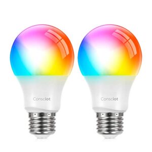 consciot ls0100167 smart wifi light, led rgbw color changing dimmable a19 e26 bulbs, 2700-6500k, no hub required, compatible with alexa and google home, 9w(60w equivalent), 2 pack, tunable white