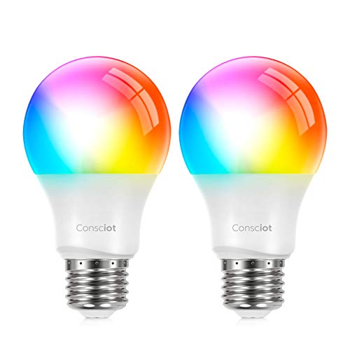 Consciot LS0100167 Smart WiFi Light, LED RGBW Color Changing Dimmable A19 E26 Bulbs, 2700-6500K, No Hub Required, Compatible with Alexa and Google Home, 9W(60W Equivalent), 2 Pack, Tunable White