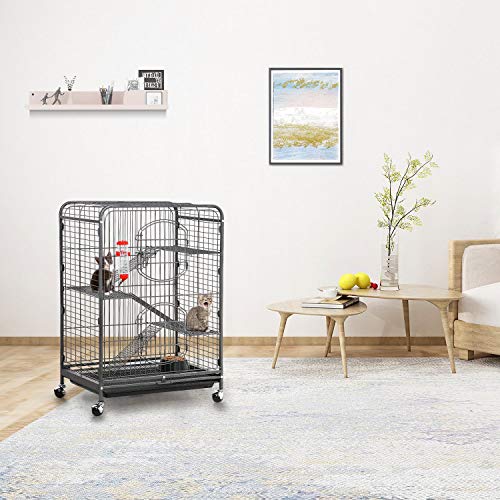 Yaheetech 37 inch Metal Cat Kitten Cage Small Animals Hutch w/ 2 Front Doors/Feeder/Wheels Indoor Outdoor,Black