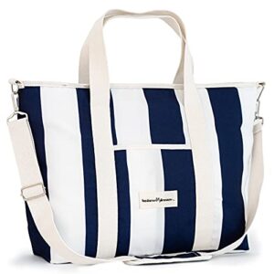 business & pleasure co. holiday cooler tote bag - cute vintage beach tote bag - totes drinks or beach essentials - leakproof lining - navy crew stripe, 42l