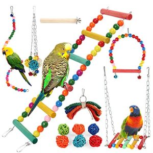 primepets bird parakeet toys, bird cage swing toys, 13 pack, colorful hanging bell hammock climbing ladder toys for cockatiel, conure, finches, mynah, love birds