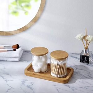 YININE Bamboo Vanity Tray, Bathroom Tray Organizer Glass Qtip Holder Dispenser Apothecary Jars for Cotton Swabs Balls Round Pad Perfume Candles Cosmetics Jewelry Makeup