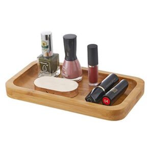 YININE Bamboo Vanity Tray, Bathroom Tray Organizer Glass Qtip Holder Dispenser Apothecary Jars for Cotton Swabs Balls Round Pad Perfume Candles Cosmetics Jewelry Makeup