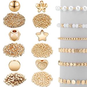 1200 pieces spacer beads set star beads round ball beads rondelle faceted spacer beads heart beads flower beads flat disc beads loose beads for bracelet earring necklace jewelry making (gold)