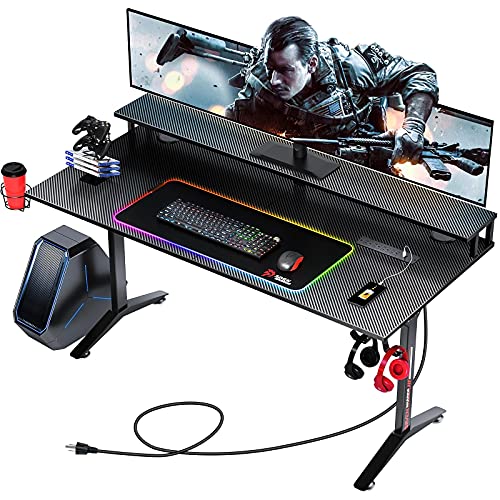 SEVEN WARRIOR Gaming Desk 60INCH with RGB Mouse Pad & Power Outlet, Carbon Fiber Surface Gamer Desk with Monitor Stand, Ergonomic Y Shaped Gamer Table with Cup Holder, Headphone Hook, Outlet Organizer