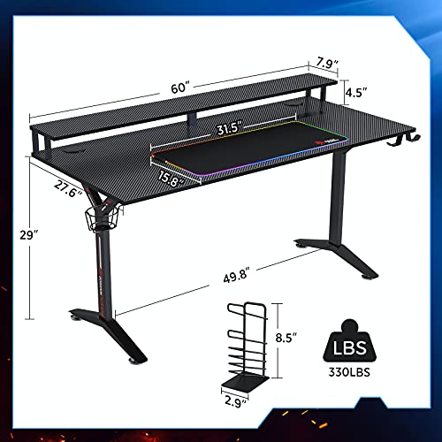 SEVEN WARRIOR Gaming Desk 60INCH with RGB Mouse Pad & Power Outlet, Carbon Fiber Surface Gamer Desk with Monitor Stand, Ergonomic Y Shaped Gamer Table with Cup Holder, Headphone Hook, Outlet Organizer