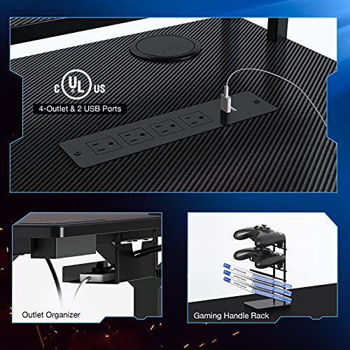 SEVEN WARRIOR Gaming Desk 60INCH with RGB Mouse Pad & Power Outlet, Carbon Fiber Surface Gamer Desk with Monitor Stand, Ergonomic Y Shaped Gamer Table with Cup Holder, Headphone Hook, Outlet Organizer