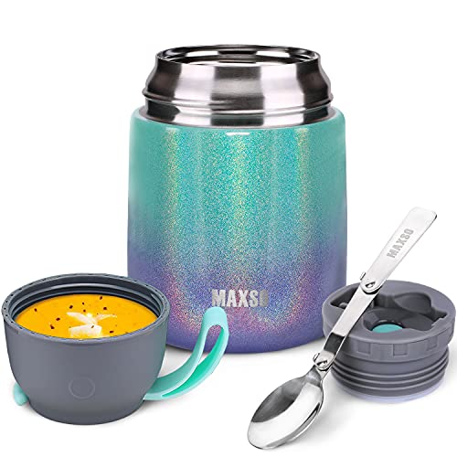 MAXSO Soup Thermos for Hot Food, 17 oz Stainless Steel Vacuum Insulated Lunch Container Bento Box with Spoon for Adults, Leakproof Thermal Food Jar for Office Picnic Travel - Rainbow