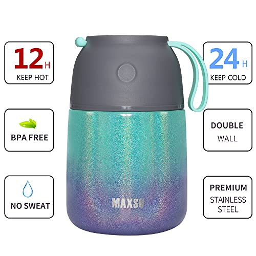 MAXSO Soup Thermos for Hot Food, 17 oz Stainless Steel Vacuum Insulated Lunch Container Bento Box with Spoon for Adults, Leakproof Thermal Food Jar for Office Picnic Travel - Rainbow