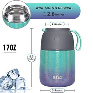 MAXSO Soup Thermos for Hot Food, 17 oz Stainless Steel Vacuum Insulated Lunch Container Bento Box with Spoon for Adults, Leakproof Thermal Food Jar for Office Picnic Travel - Rainbow