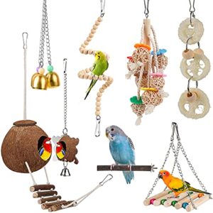 Toys for Bird Parakeet Toy Bird Perch Bird Cage Hammock Coconut Hideaway with Ladder Hanging Bell Swing Chewing Hanging Toy for Parakeet,Conure,Cockatiel,Love Birds,Parrots