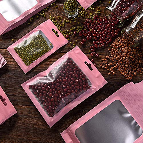 Resealable Smell Proof Bags 100PCS Mylar Ziplock Food Storage Bags with Clear Window and Euro Hang Hole Odorless Mylar Bags Heat Seal Pouch Food Safe Storage (Pink, 4 x 6 Inch)