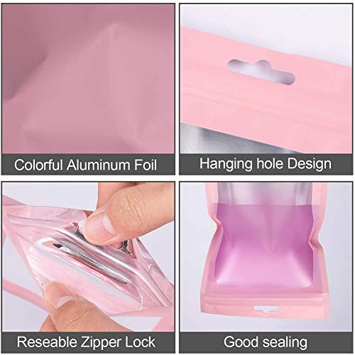 Resealable Smell Proof Bags 100PCS Mylar Ziplock Food Storage Bags with Clear Window and Euro Hang Hole Odorless Mylar Bags Heat Seal Pouch Food Safe Storage (Pink, 4 x 6 Inch)