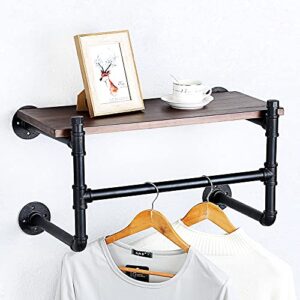 haovon industrial pipe clothing rack wall mounted wood shelf,pipe shelving floating shelves,retail garment rack display rack clothes racks(1 tier,24in)