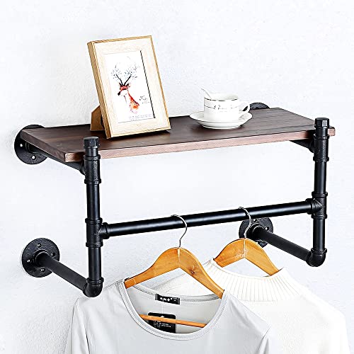 HAOVON Industrial Pipe Clothing Rack Wall Mounted Wood Shelf,Pipe Shelving Floating Shelves,Retail Garment Rack Display Rack Clothes Racks(1 Tier,24in)