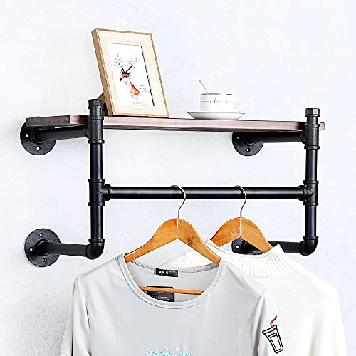 HAOVON Industrial Pipe Clothing Rack Wall Mounted Wood Shelf,Pipe Shelving Floating Shelves,Retail Garment Rack Display Rack Clothes Racks(1 Tier,24in)