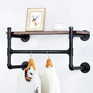 HAOVON Industrial Pipe Clothing Rack Wall Mounted Wood Shelf,Pipe Shelving Floating Shelves,Retail Garment Rack Display Rack Clothes Racks(1 Tier,24in)