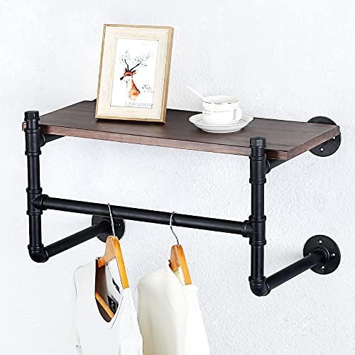 HAOVON Industrial Pipe Clothing Rack Wall Mounted Wood Shelf,Pipe Shelving Floating Shelves,Retail Garment Rack Display Rack Clothes Racks(1 Tier,24in)